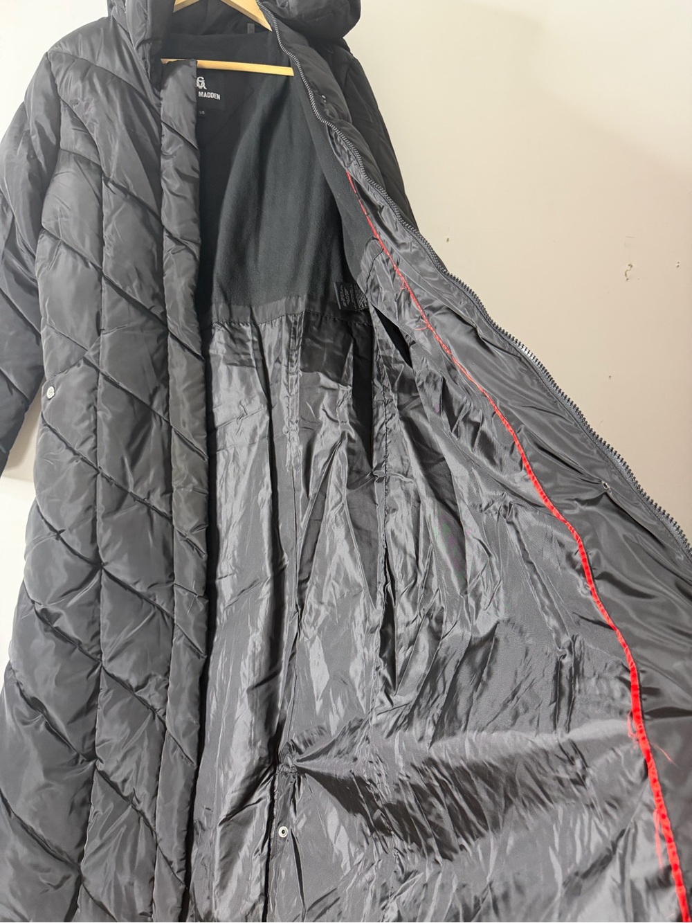 Steve Madden Black Quilted Long Puffer with Hood and Red Trim